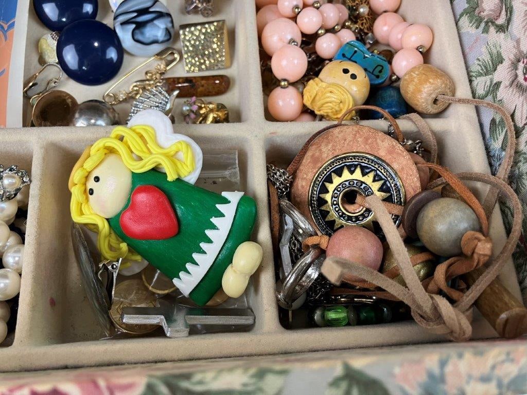 Vintage Fabric-Covered Jewelry Box with Costume Jewelry Collection - 5