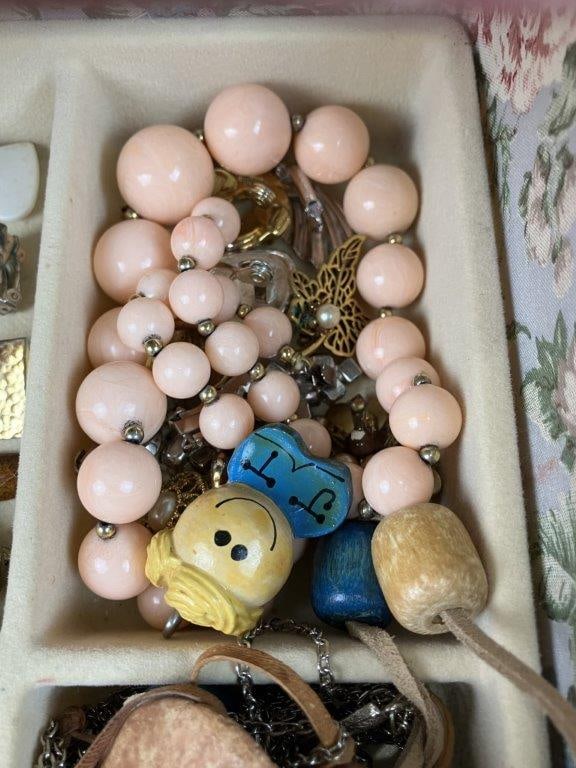 Vintage Fabric-Covered Jewelry Box with Costume Jewelry Collection - 6