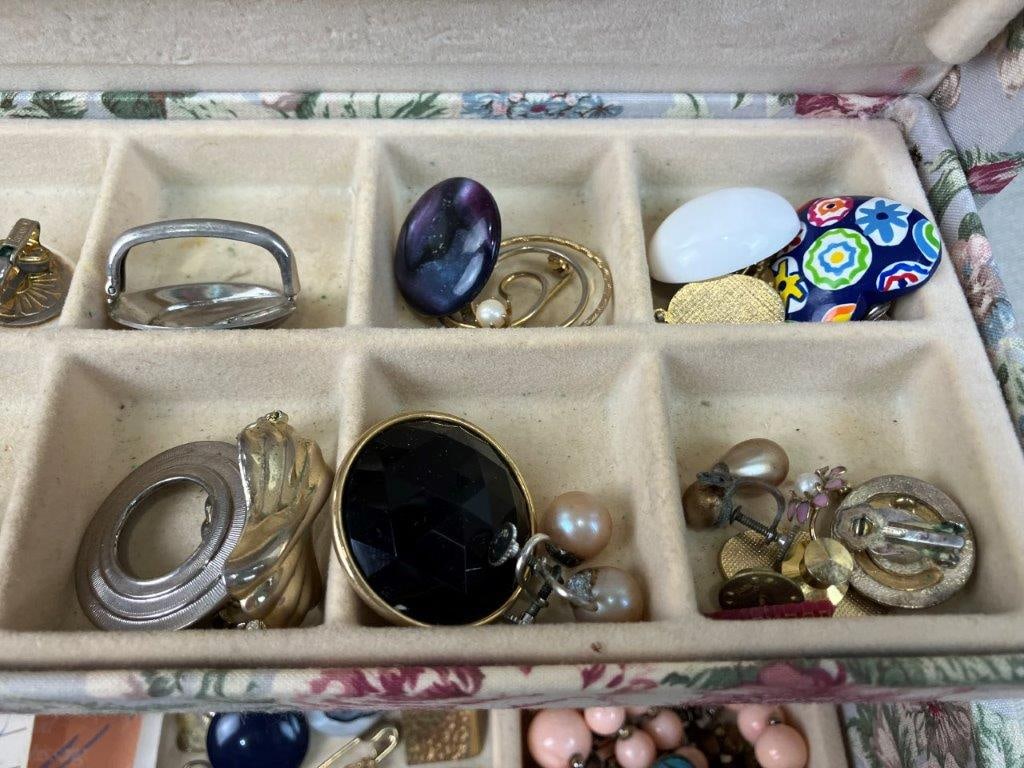 Vintage Fabric-Covered Jewelry Box with Costume Jewelry Collection - 7