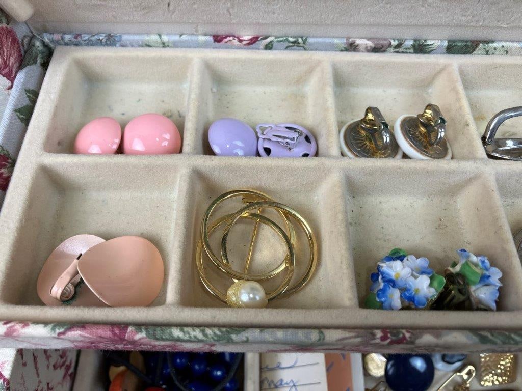 Vintage Fabric-Covered Jewelry Box with Costume Jewelry Collection - 8
