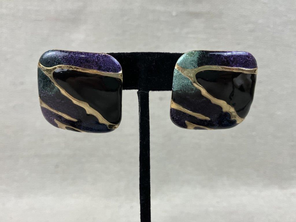 Group of Modernist Enamel Iridescent Earrings - 2