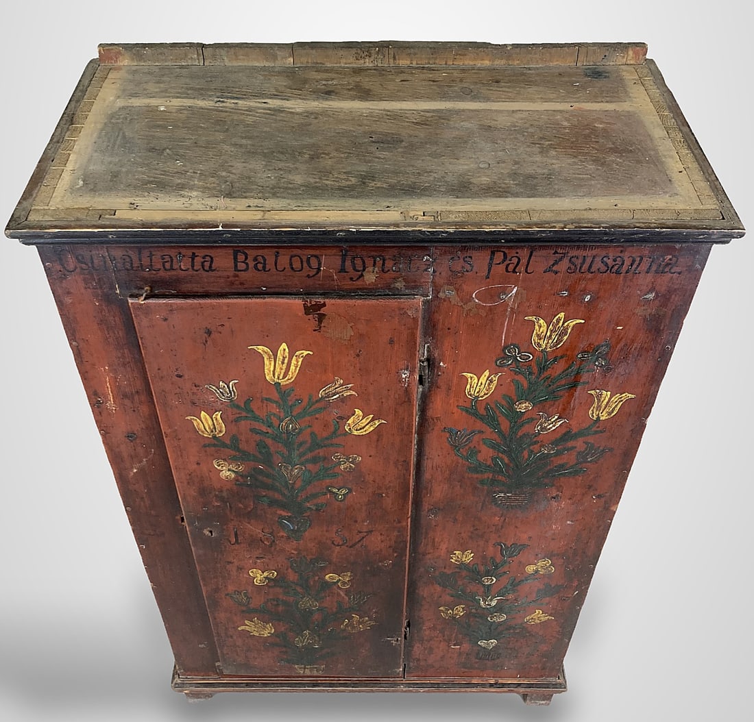 Dated 1857 Continental Folk Painted Cupboard - 4
