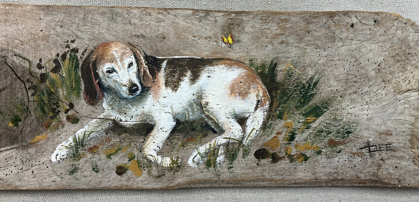 Folk Art, Hound Dog Painting on Driftwood - 2