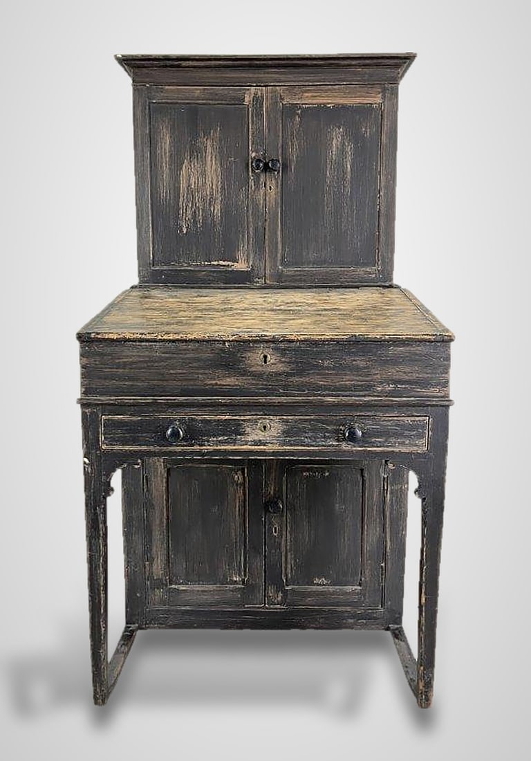 19th Century Painted Plantation Desk: **Item recirculated due to nonpayment** A fine example of 19th century country furniture, this painted plantation desk is constructed of pine and poplar with an old painted surface in shades of gray b