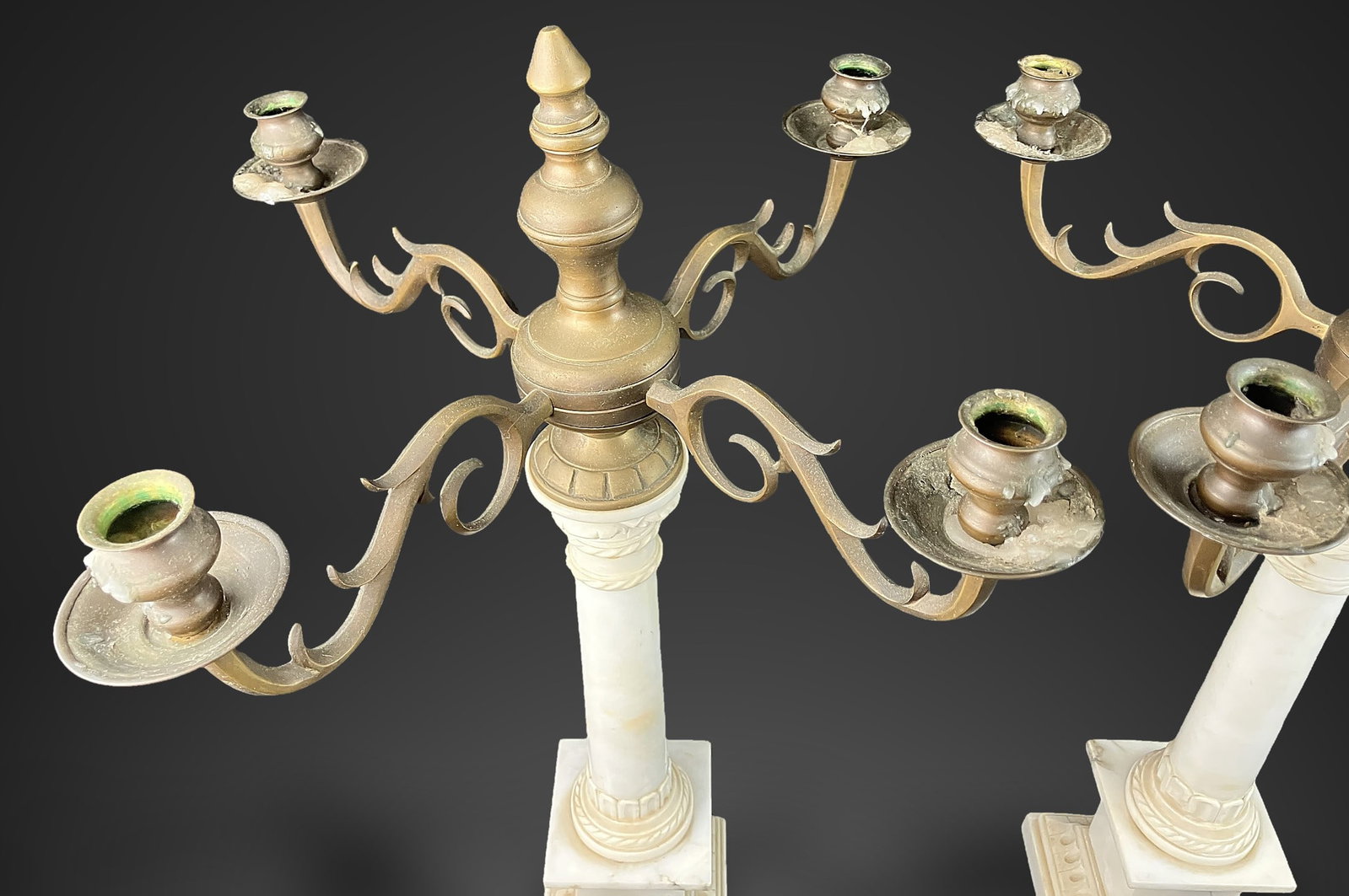 Pair of Neoclassical Carrara Marble and Brass Candelabra - 2