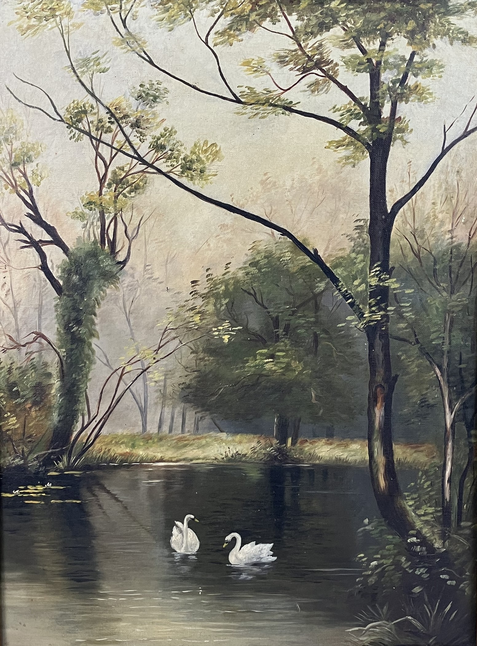 19th-Century, Swans on Lake, Oil Painting - 2