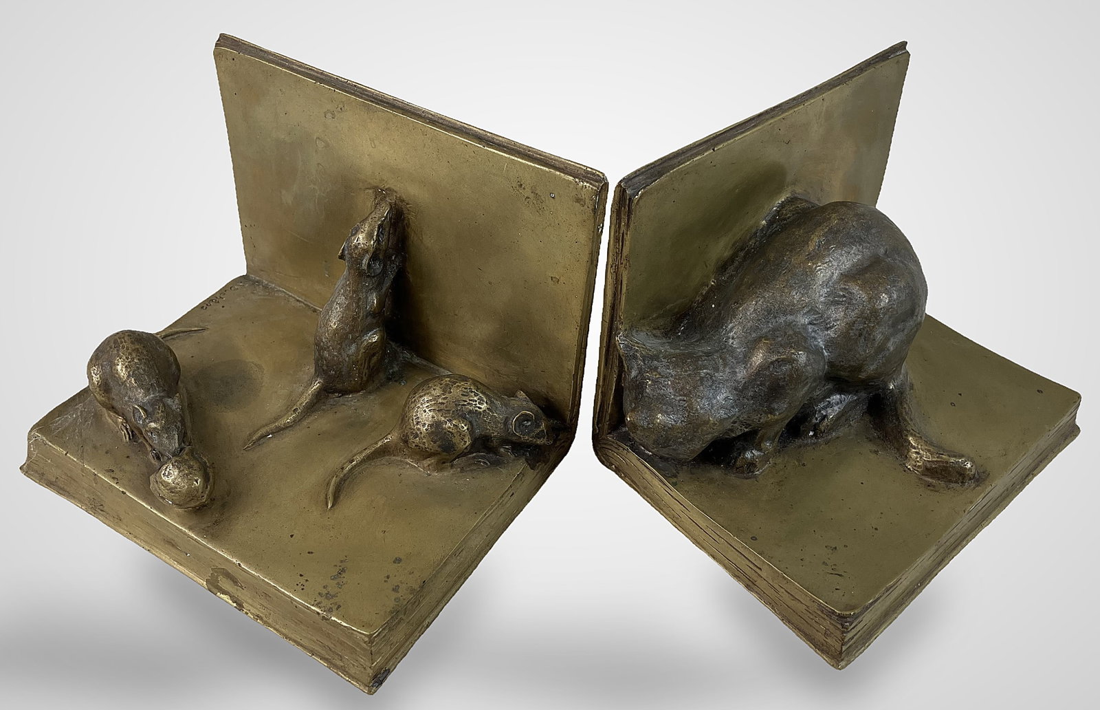 A. Duchene Bronze Cat and Mouse Bookends - 2