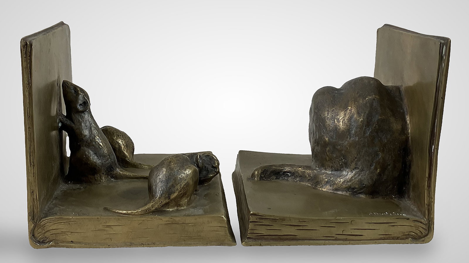 A. Duchene Bronze Cat and Mouse Bookends - 7