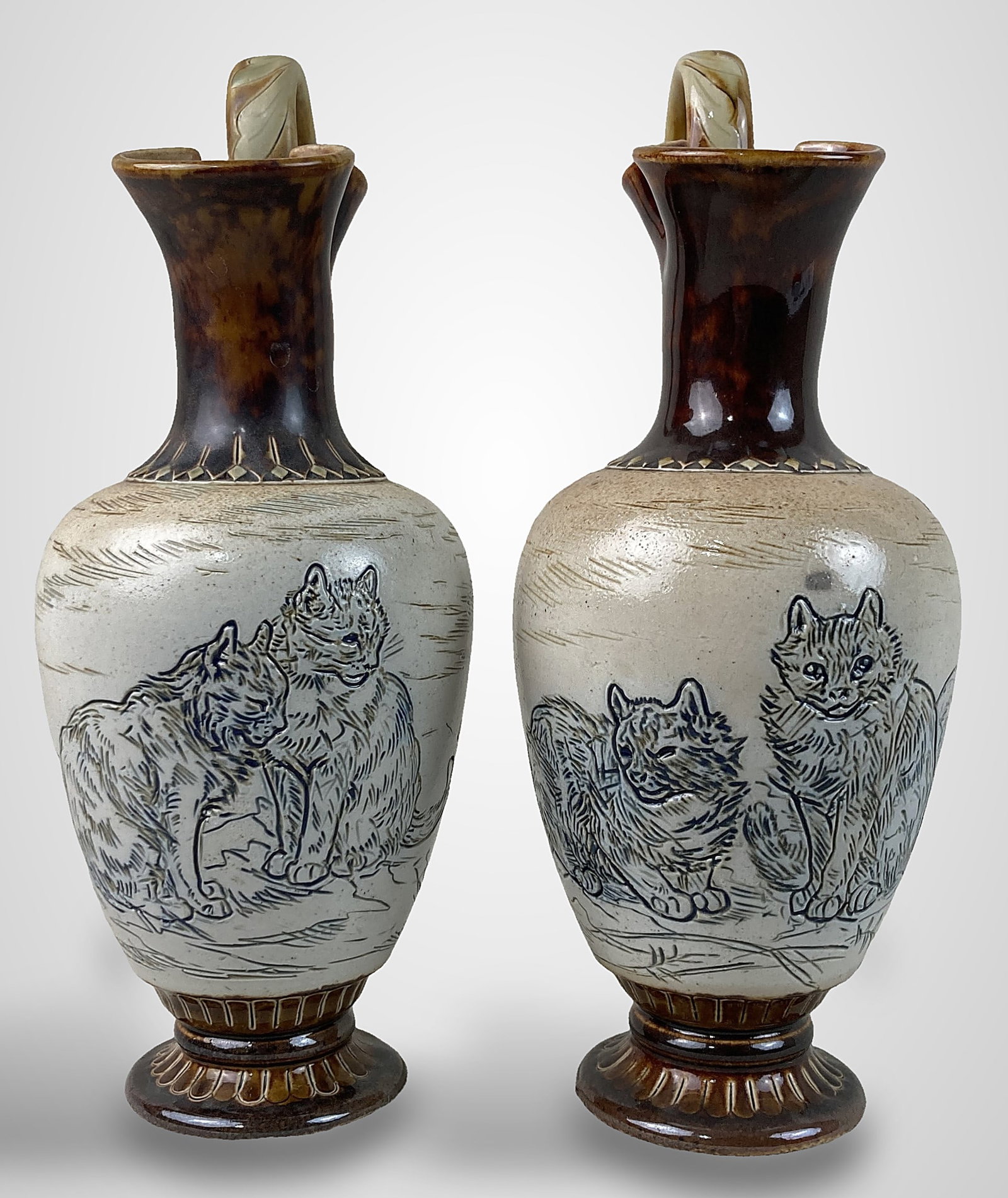 Pair of Hannah Barlow Doulton Lambeth Cat Pitchers - 3