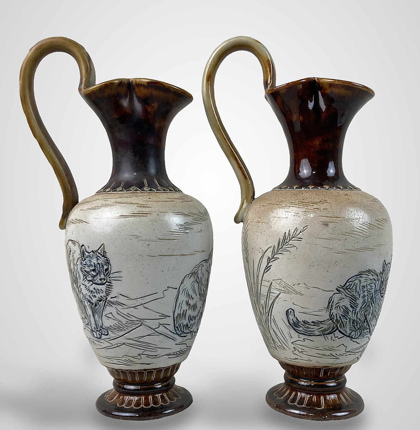 Pair of Hannah Barlow Doulton Lambeth Cat Pitchers - 8