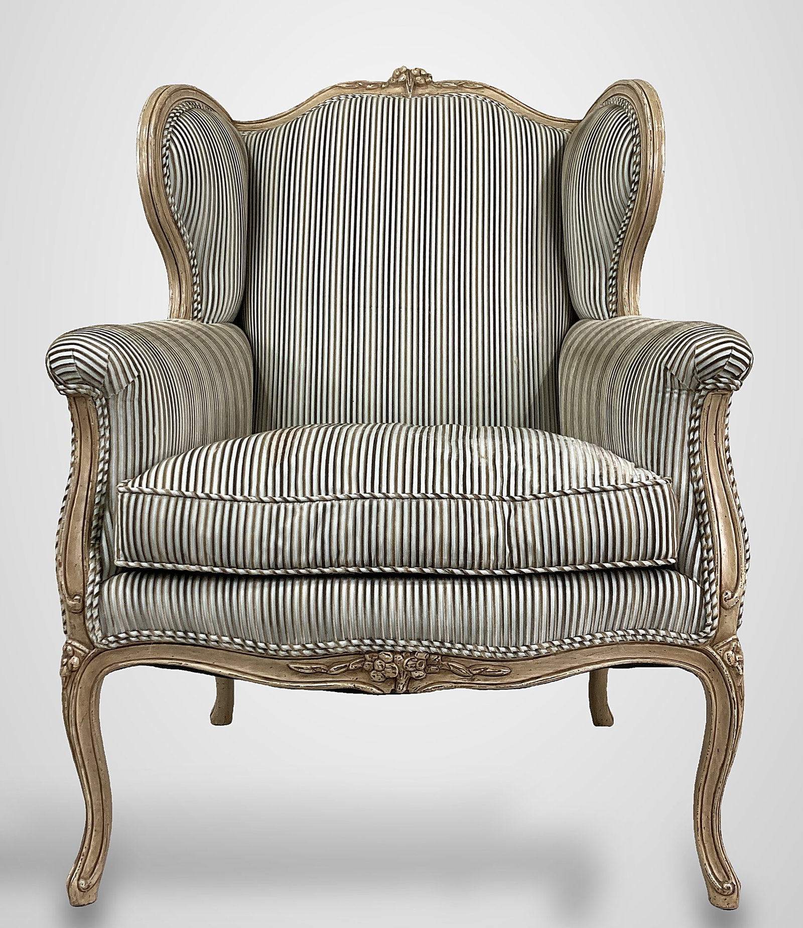 Pair Of Louis XV Style Bergere Wingback Chairs And Ottoman - 5