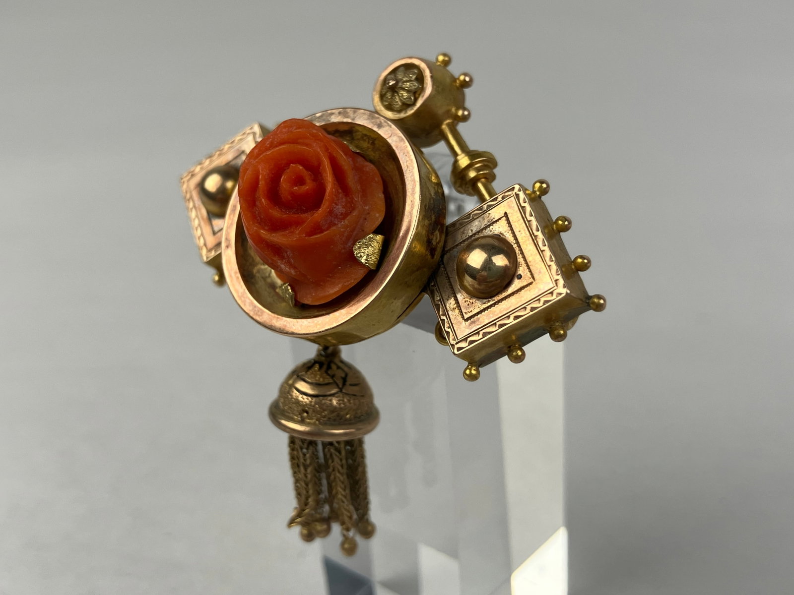 Victorian 14KT Coral Rose Brooch - 3