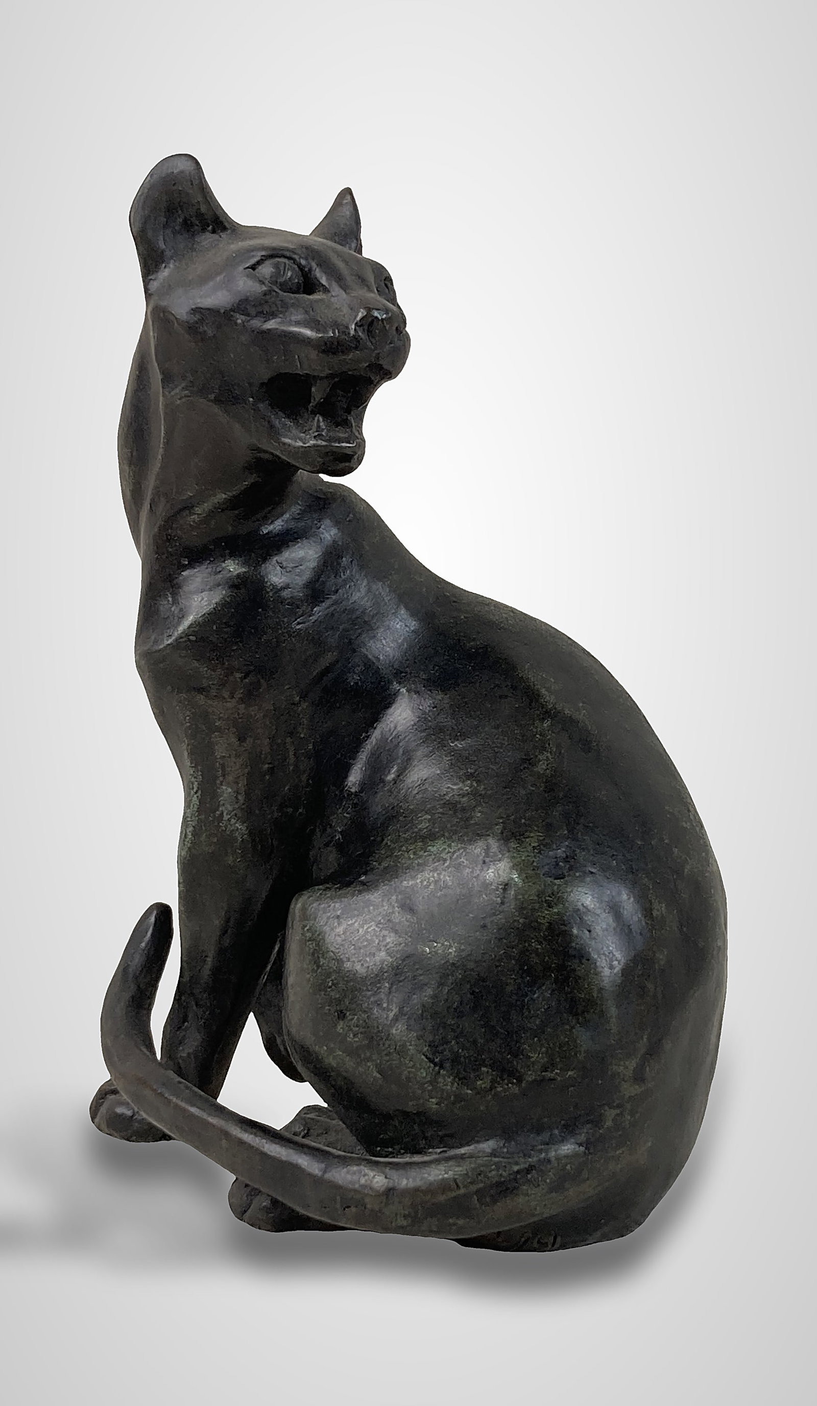 Cast Bronze Cat Sculpture: Piece displays an appealing and elegant form, contrasted by a ferocious facial expression featuring an open mouth and exposed teeth. It is a limited edition casting, numbered 2/9, and includes a P mar