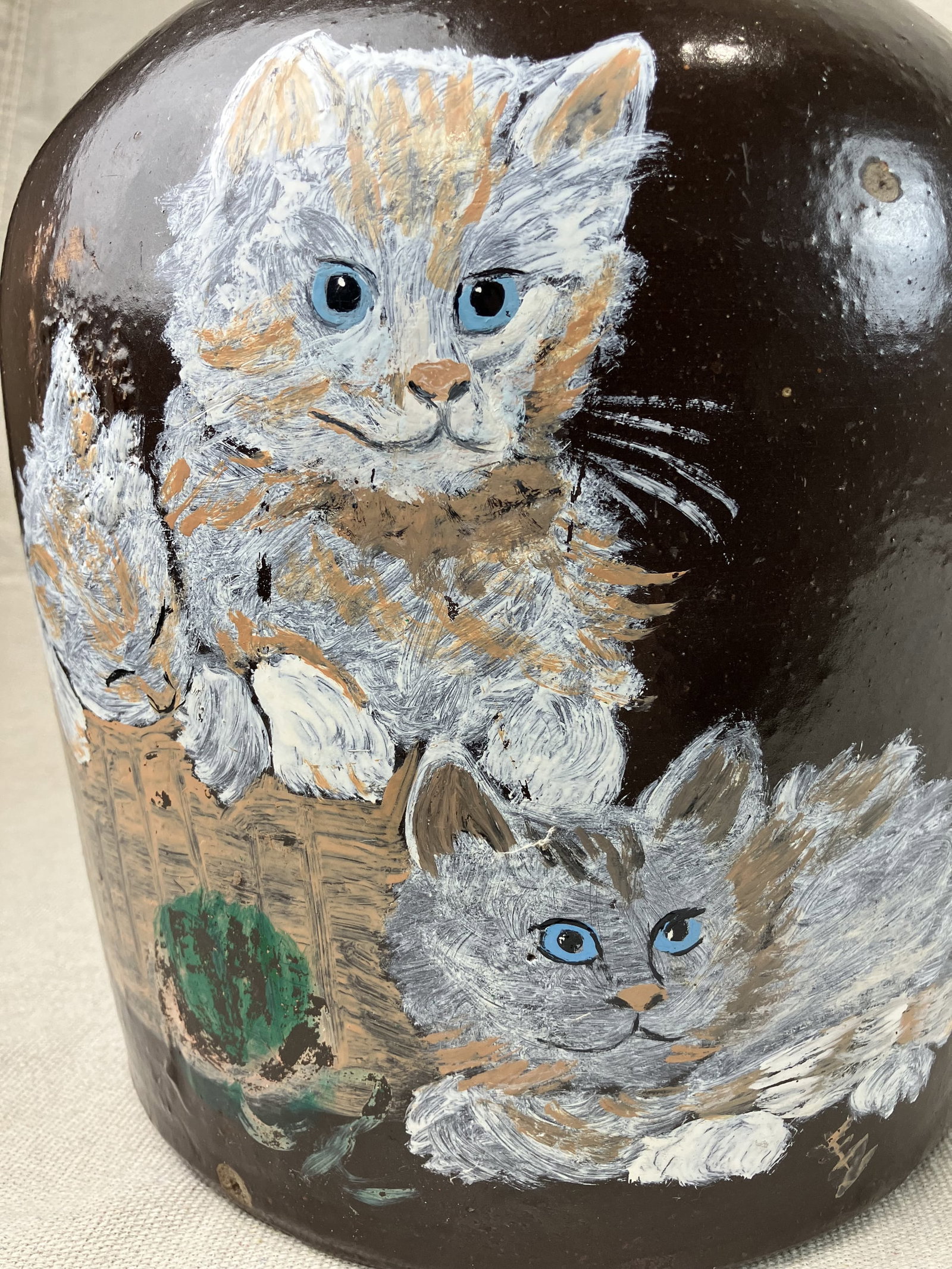 Folk Art Cat Painted Stoneware Merrill Company Jug - 3