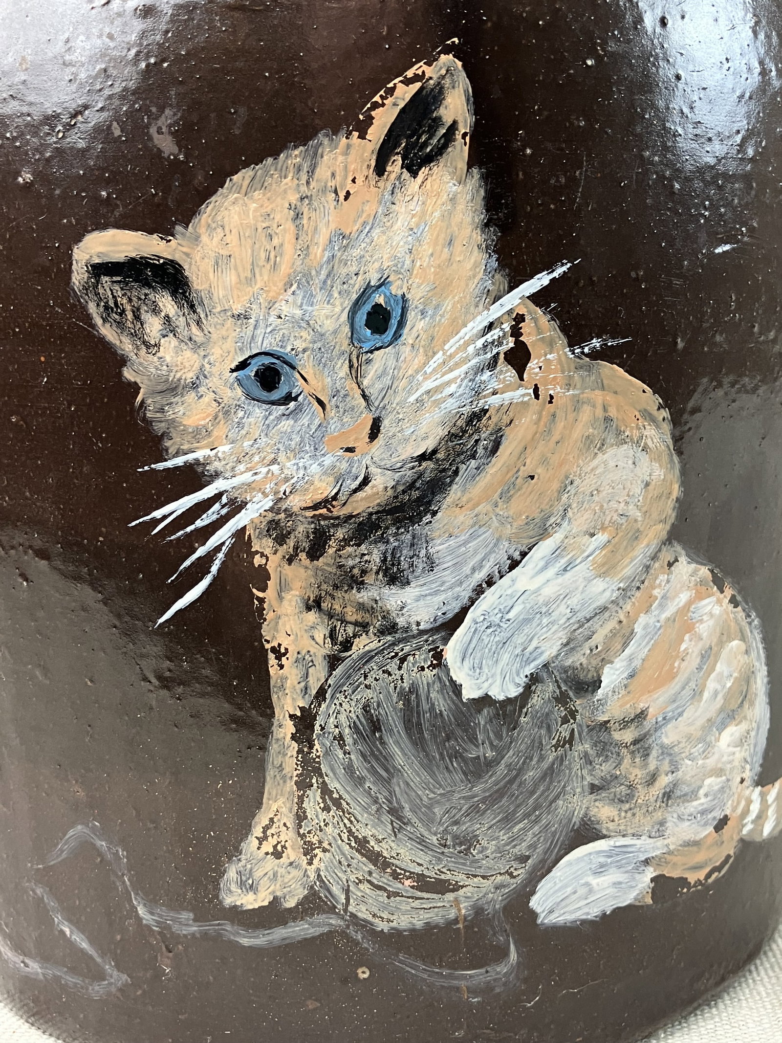 Folk Art Cat Painted Stoneware Merrill Company Jug - 9