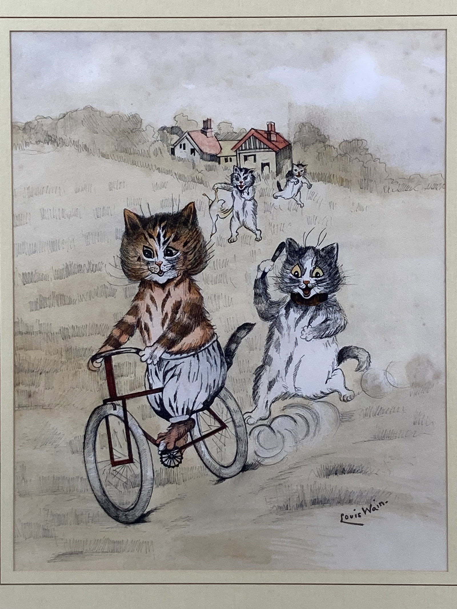 Louis Wain, Cat on a Bicycle, Mixed Media Painting - 2