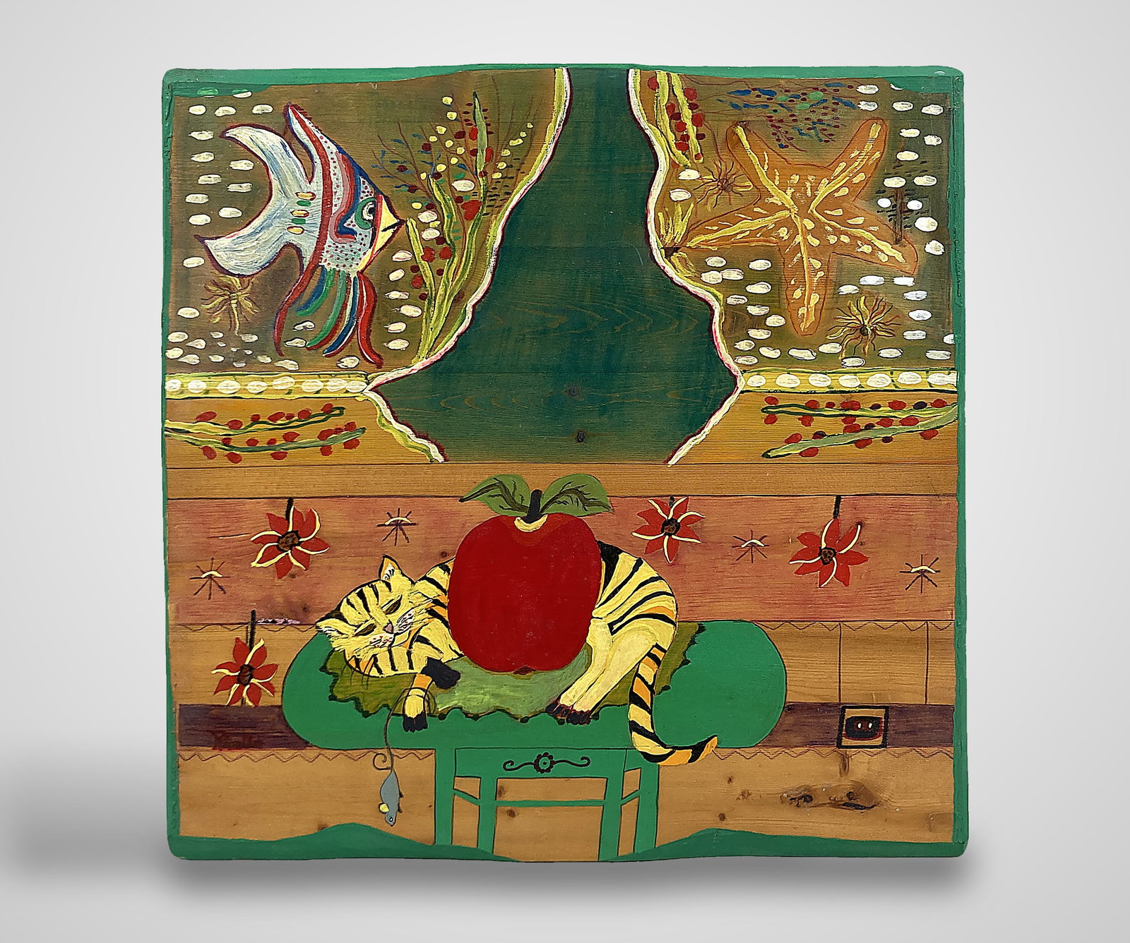 Folk Art Cat Painting: This charming folk art piece is painted on board and depicts a yellow, black-striped cat sleeping atop a green table. The composition includes a large red apple, a starfish, and vibrantly colored