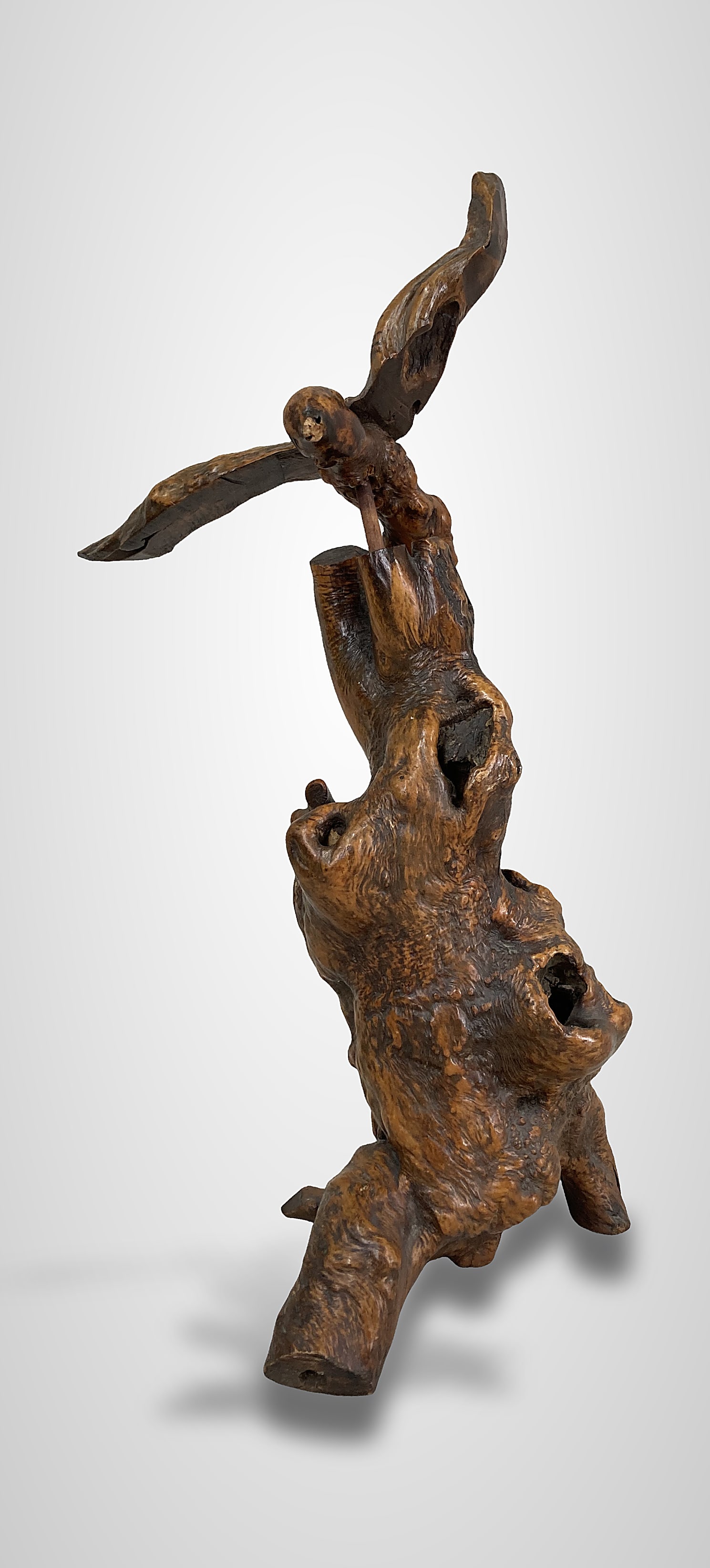 Folk Art Carved Burl Wood Bird: Expressive folk art sculpture utilizes the natural grain of the burl wood to depict a bird in flight, mounted atop a sturdy burl wood trunk-form base. It measures 34 1/8 in. H x 18 in. W x 15 in. D.