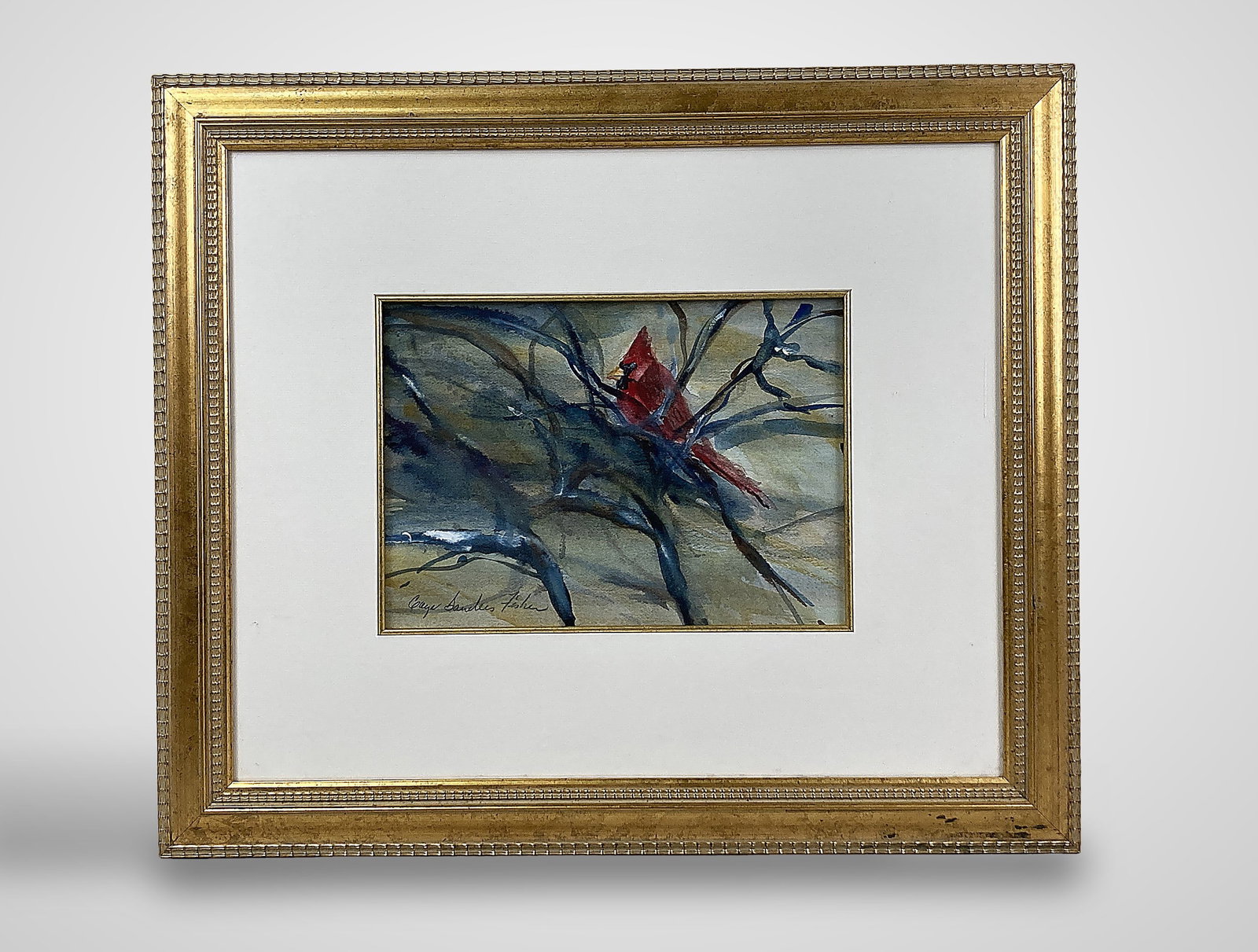 Gaye Sanders Fisher, Cardinal in Tree, Watercolor Painting: This watercolor painting on paper by the celebrated Charleston, South Carolina artist Gaye Sanders Fisher captures a serene scene of a lone red cardinal perched within a thicket of branches. The work