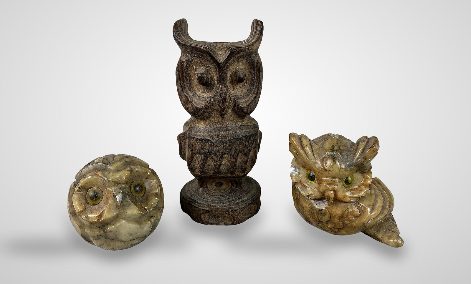 Three Folk Art Carved Owl Figurines (1 of 9)