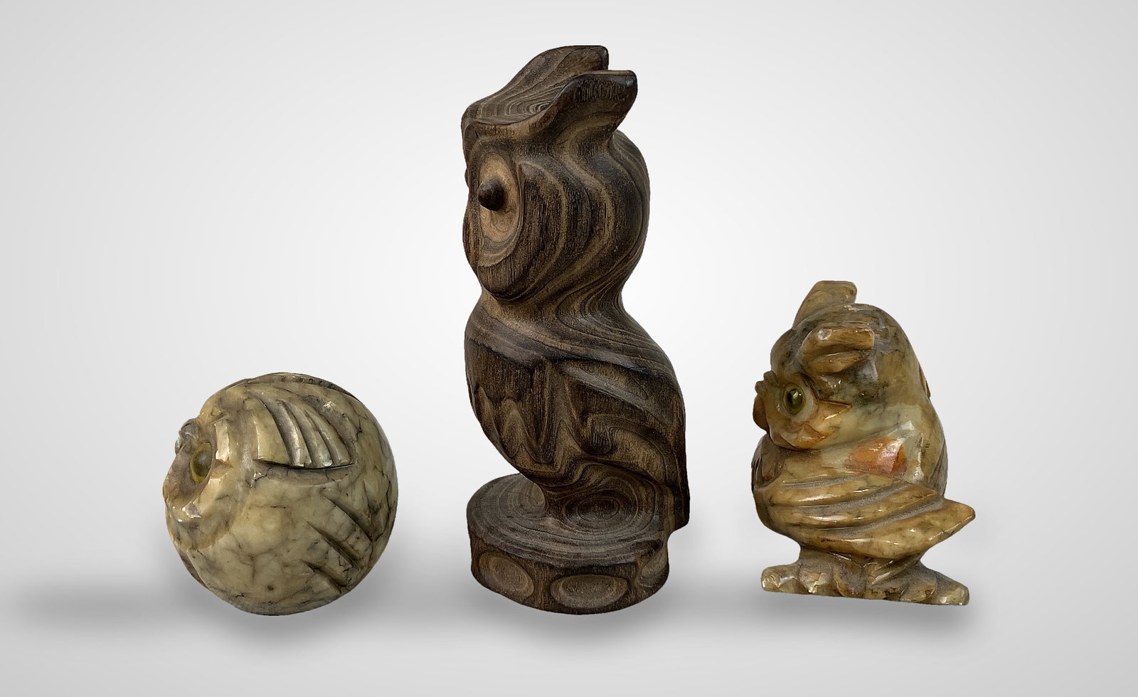 Three Folk Art Carved Owl Figurines - 7