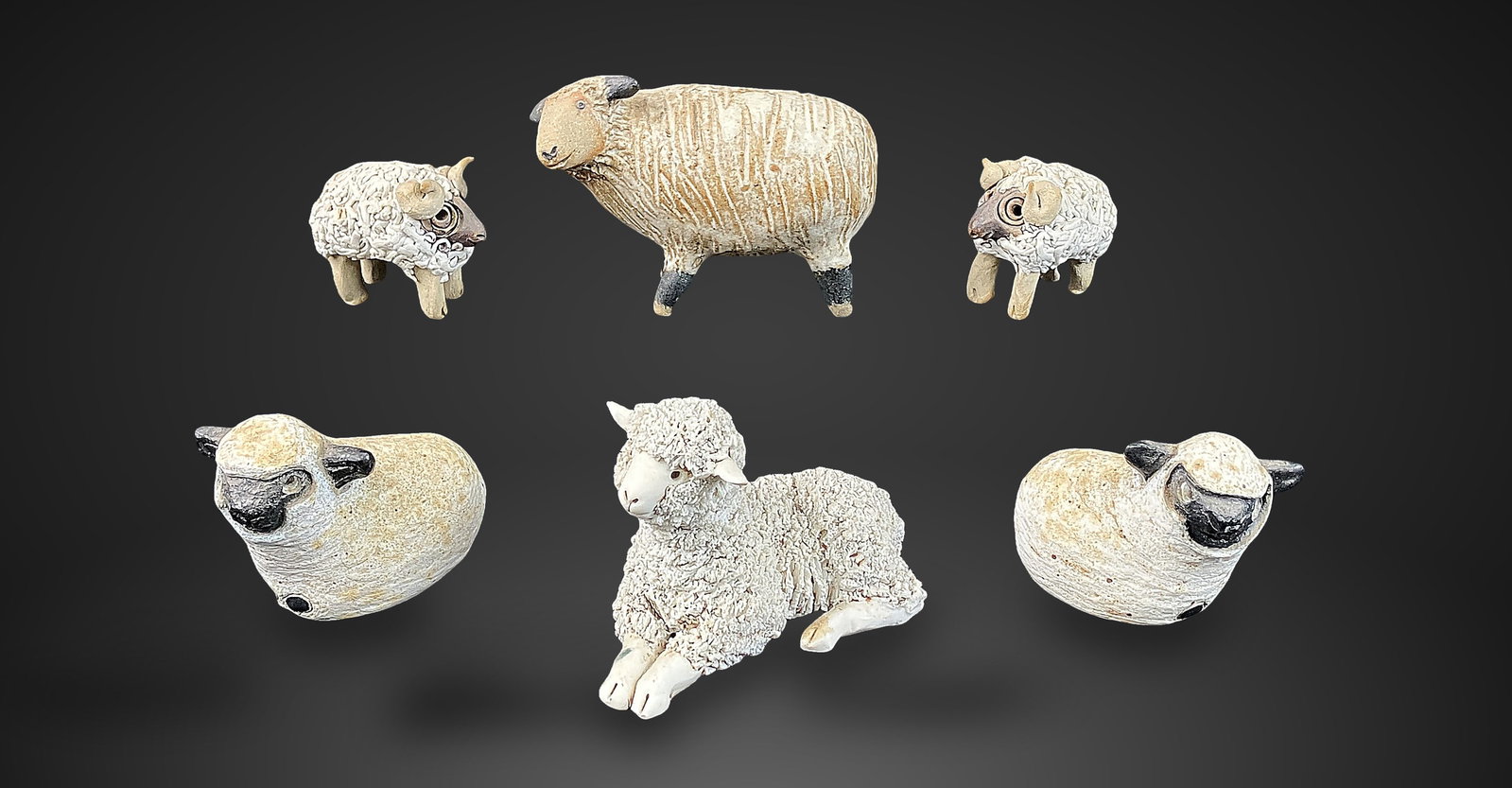 Studio Pottery Sheep: Assortment includes six small sheep figures, each featuring a distinct, textured wool coat and varied characteristics representing different types of sheep. Some pieces are stamped with a maker's insi