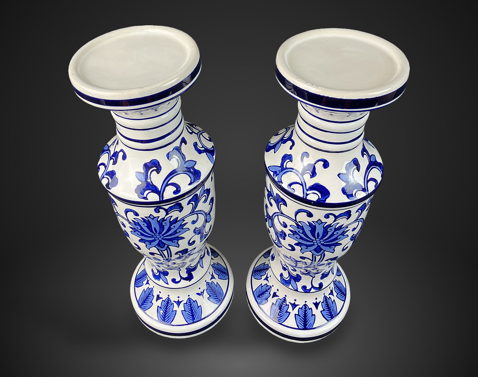 Pair of Chinoiserie Blue and White Candle Pillars - 2