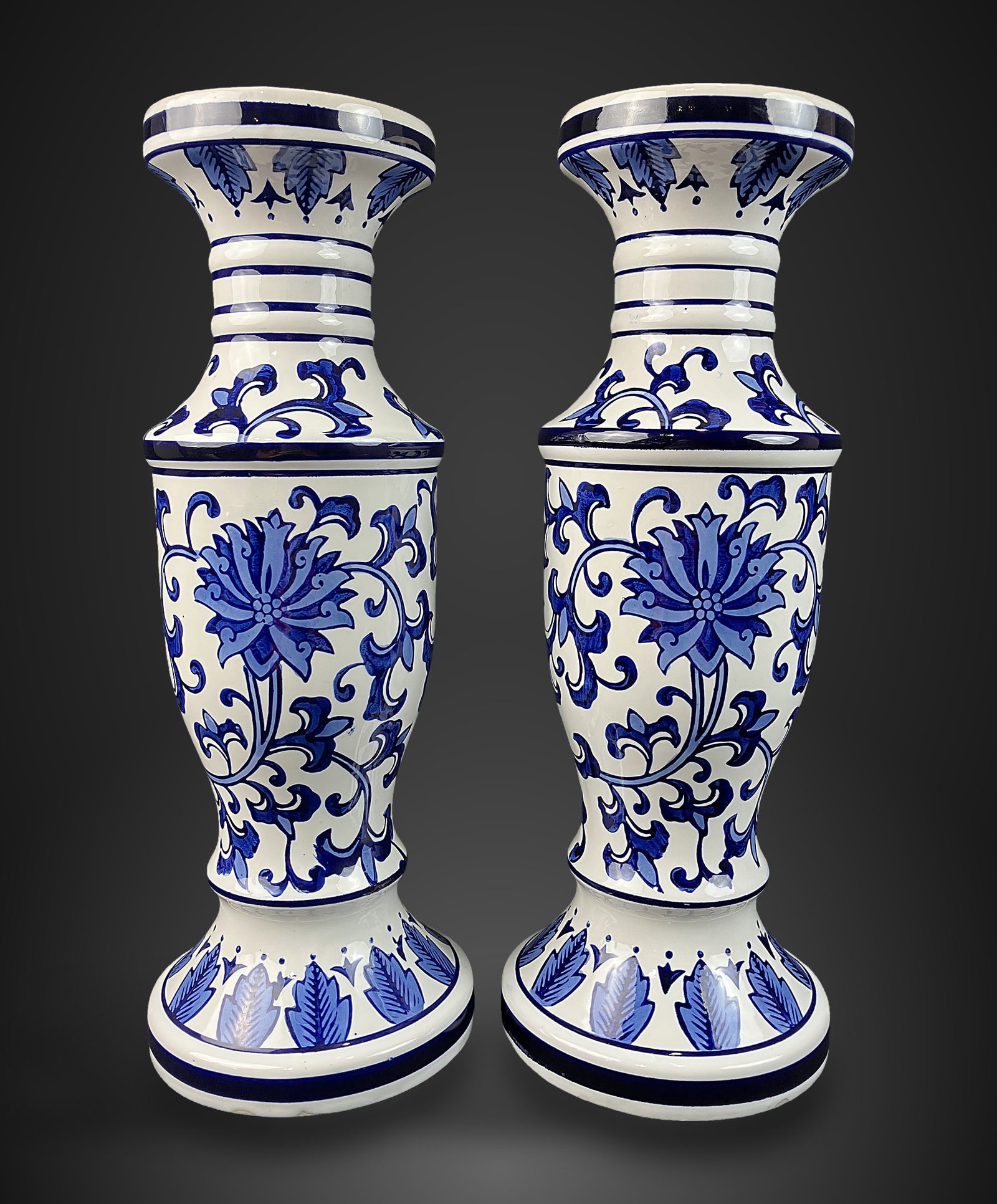 Pair of Chinoiserie Blue and White Candle Pillars - 5