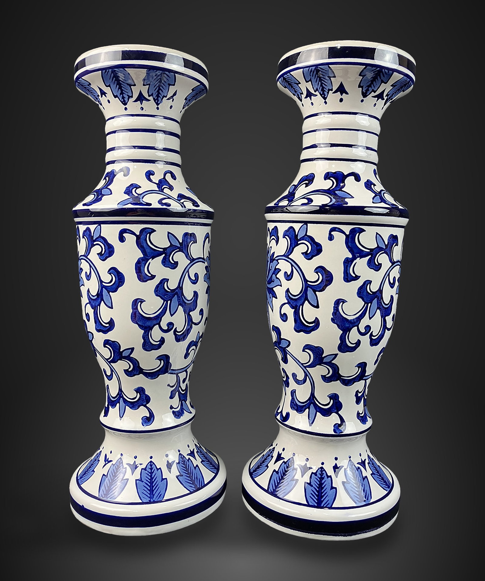 Pair of Chinoiserie Blue and White Candle Pillars - 6