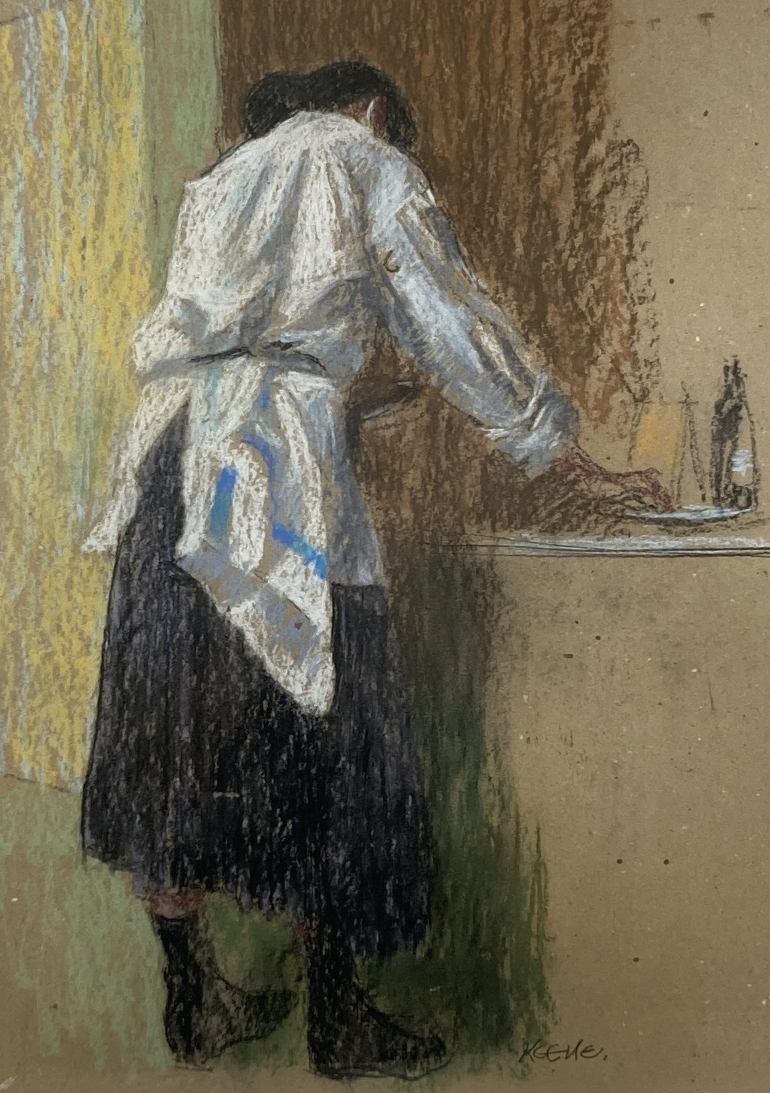 Mid-Century Modern, Laundry Scene, Signed Pastel - 2