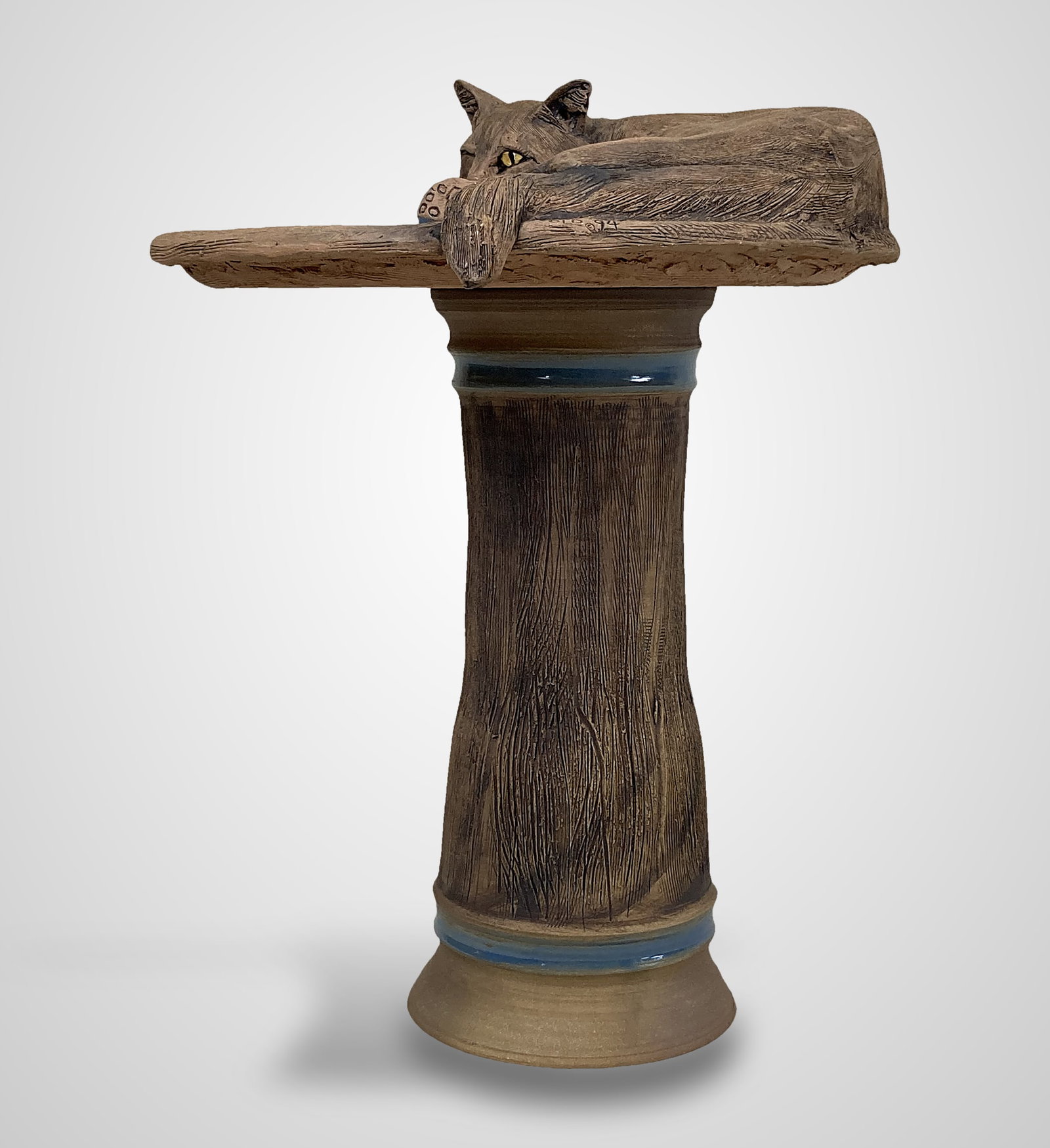 David L. Davis Pottery Cat Bird Bath - 5
