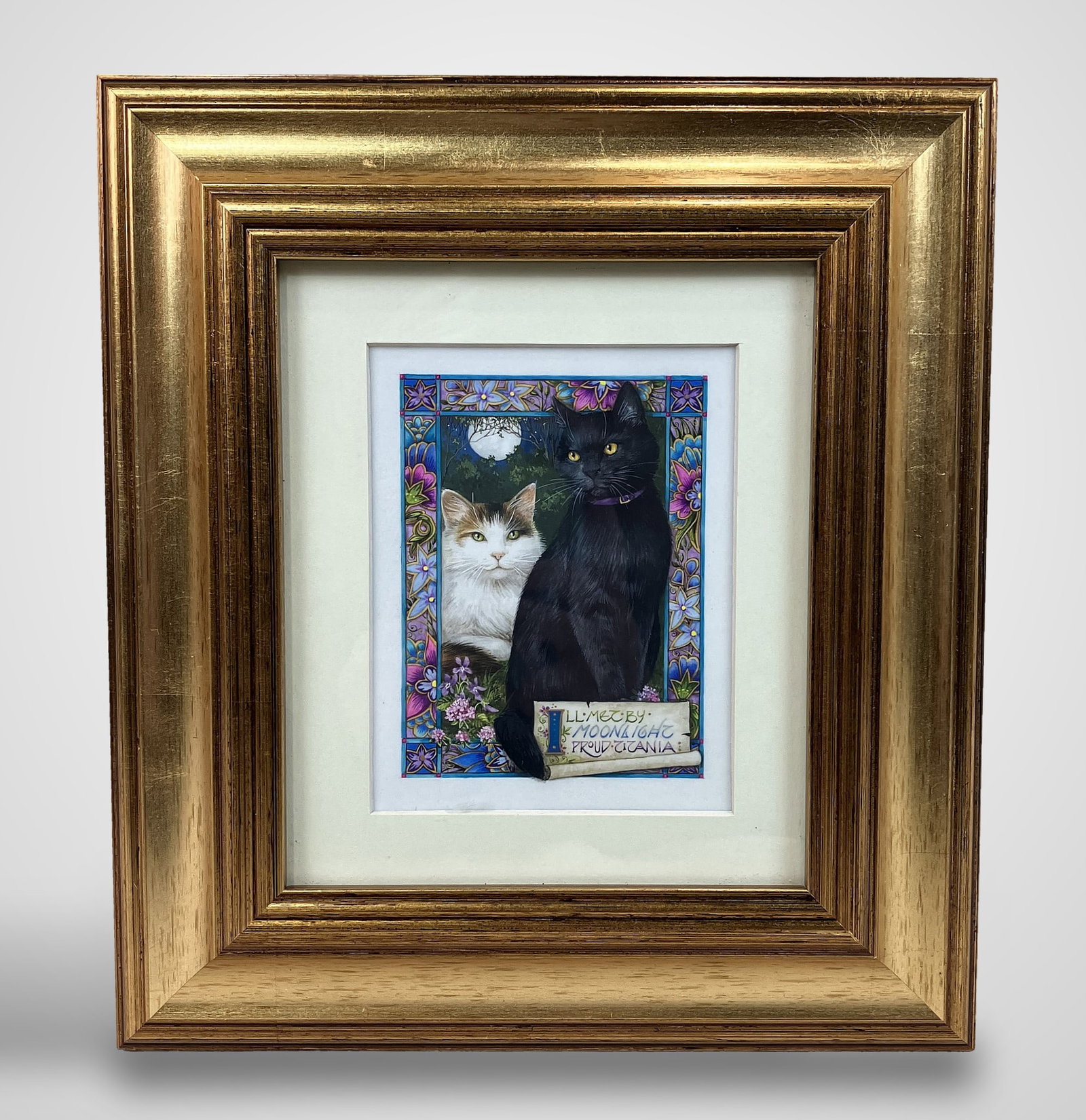 Debby Faulkner-Stevens, Cat Miniature, Painting: Miniature painting by Debby Faulkner-Stevens, titled Titania and Oberon after A Midsummer Night Dream, a professional artist active since the late 1970s who specializes in vellum miniatures. It
