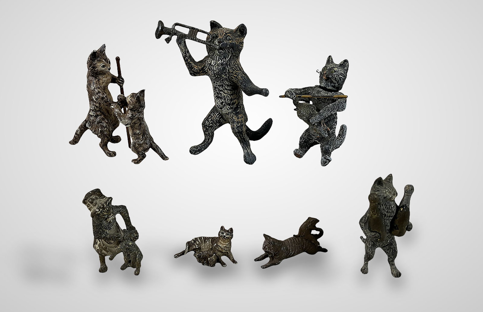 Cold Painted Bronze Miniature Cats Including Franz Bergman: Exciting six-piece assortment showcases 19th-century Austrian casting and fine artistry. A standout in the collection is a mother cat and her kittens, marked on the underside with the artist's