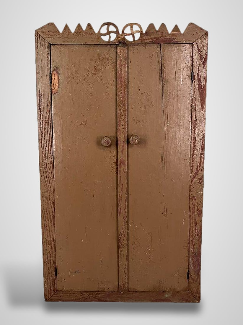 Primitive Southern Painted Cupboard: **Item recirculated due to nonpayment** A fine example of late 19th century American country furniture, this primitive painted cupboard is constructed of yellow pine with an attractively weathered
