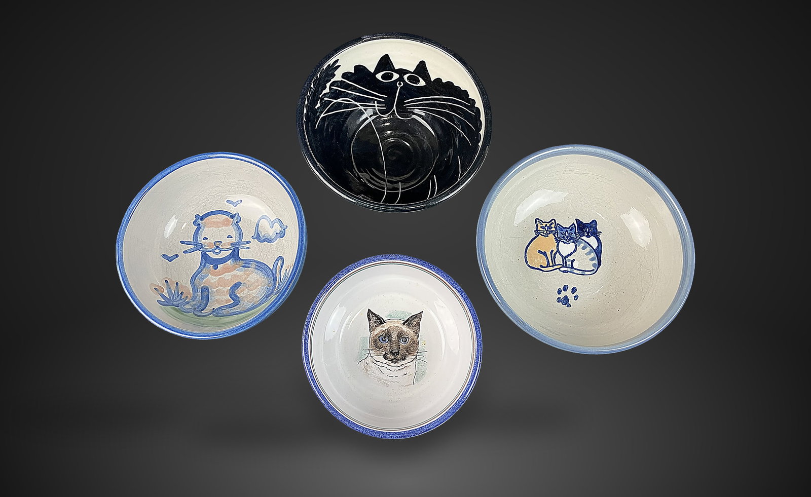Cat-Decorated Studio Pottery Bowls - 2