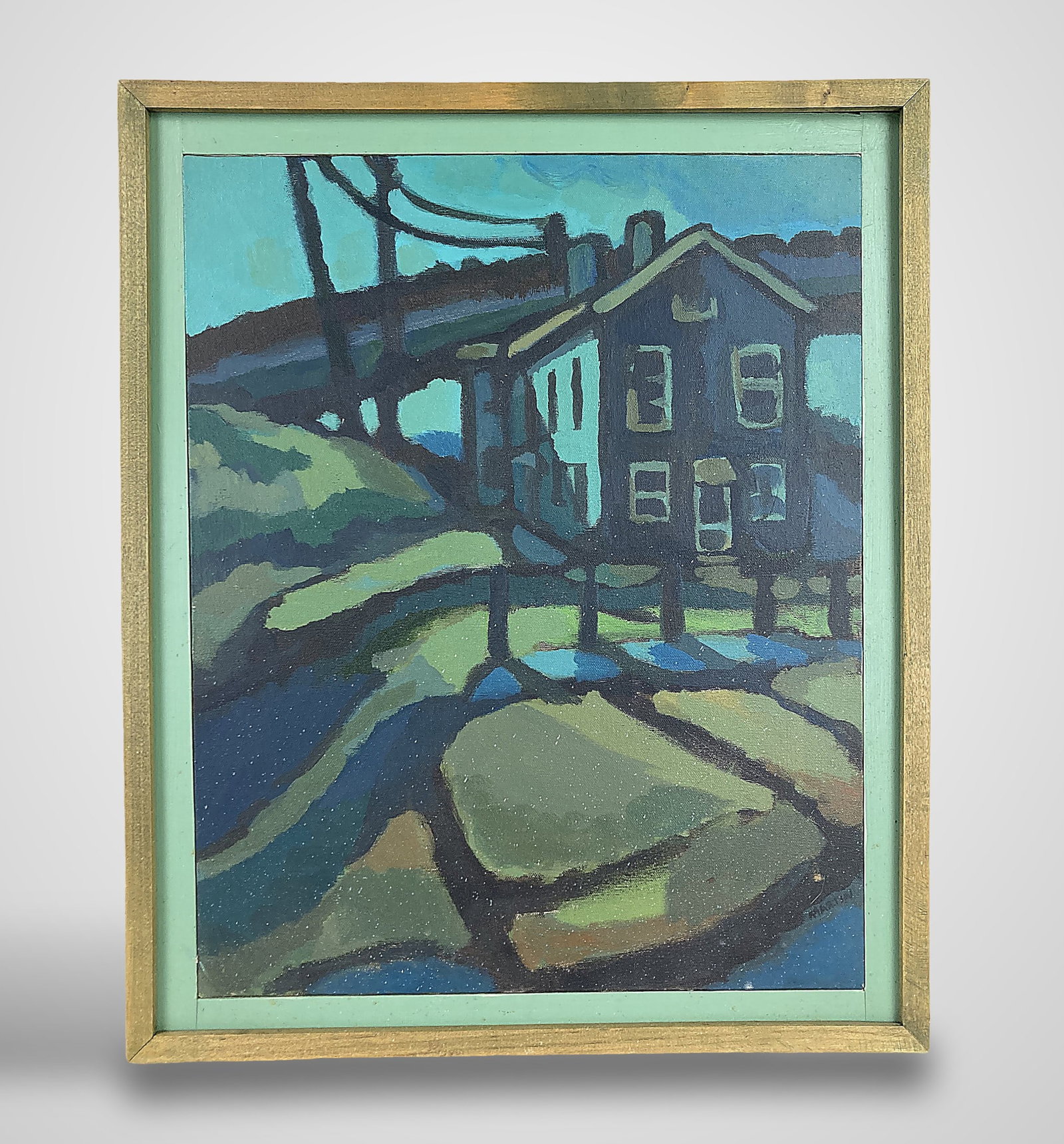Signed Mid-20th Century, Expressionist Landscape, Oil Painting: This oil on canvas painting depicts a building and landscape rendered through blocky, geometric shapes and solid fields of color, featuring deep, moody tones of blue, teal, and dark indigo. The work i