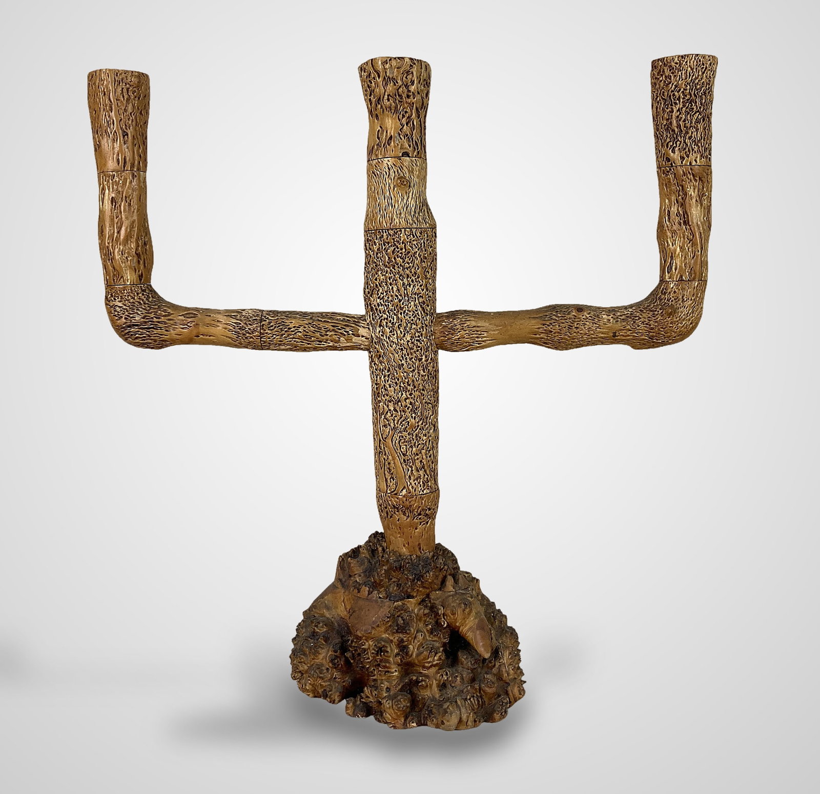 Folk Art Burl Wood Candelabra - 2