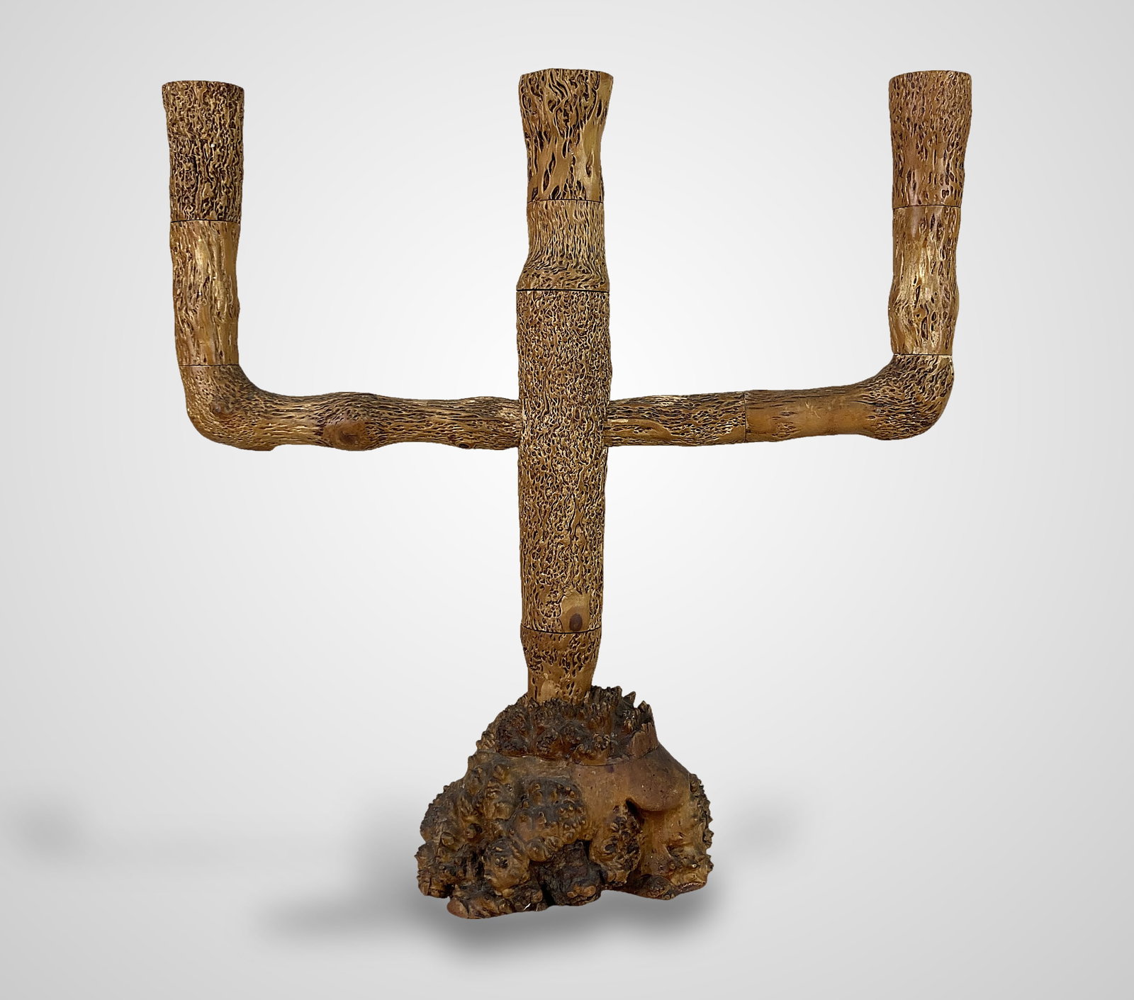 Folk Art Burl Wood Candelabra - 4