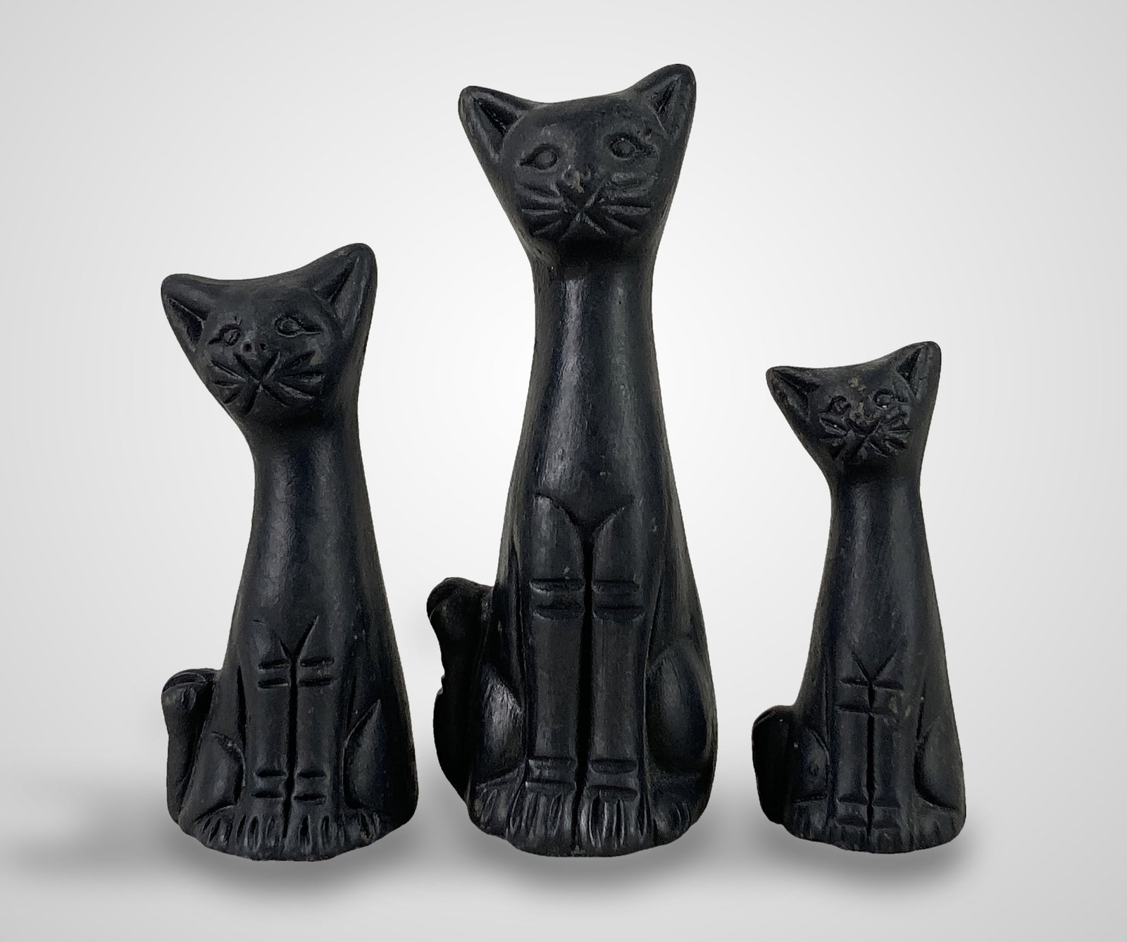 Folk Art Black Clay Cat Figures - 2