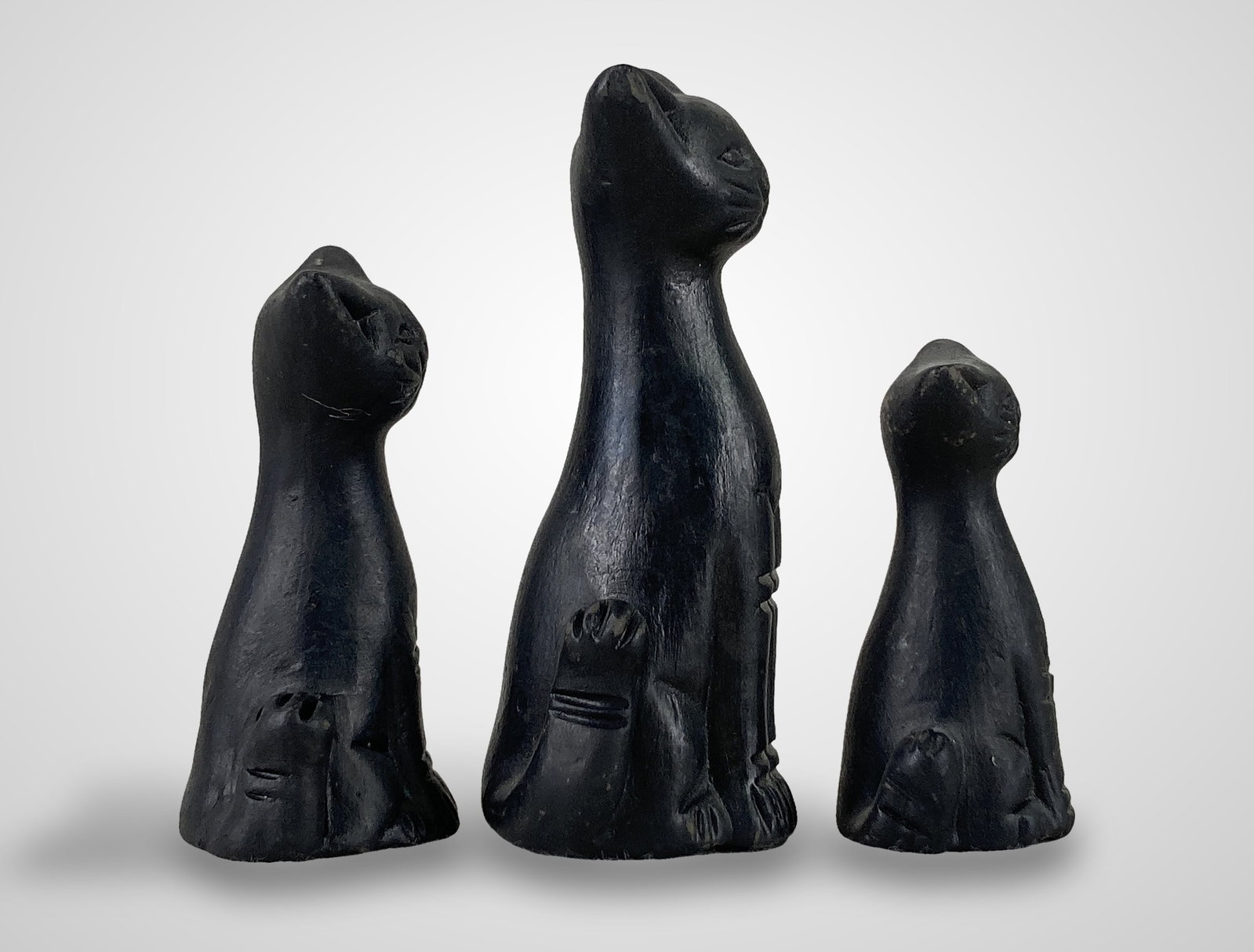 Folk Art Black Clay Cat Figures - 3