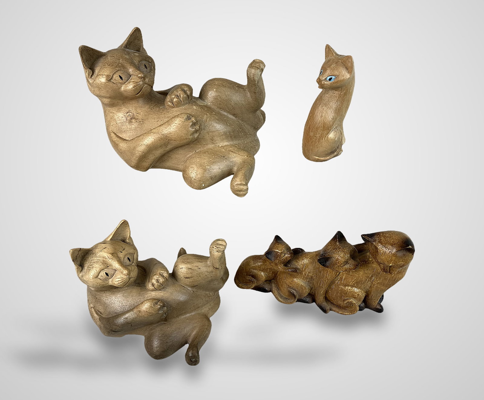 Folk Art Carved Wood Cat Figurines - 5