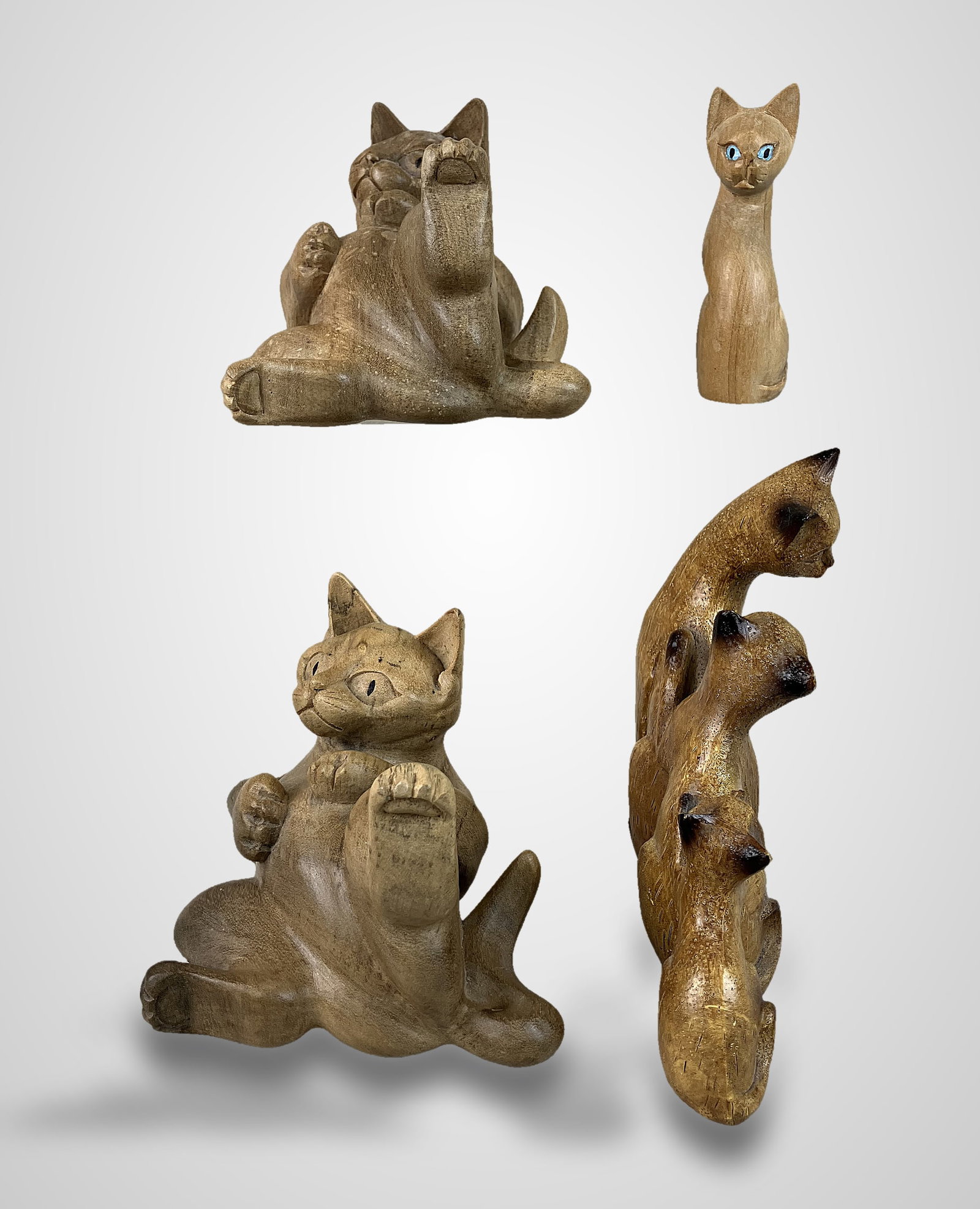 Folk Art Carved Wood Cat Figurines - 8
