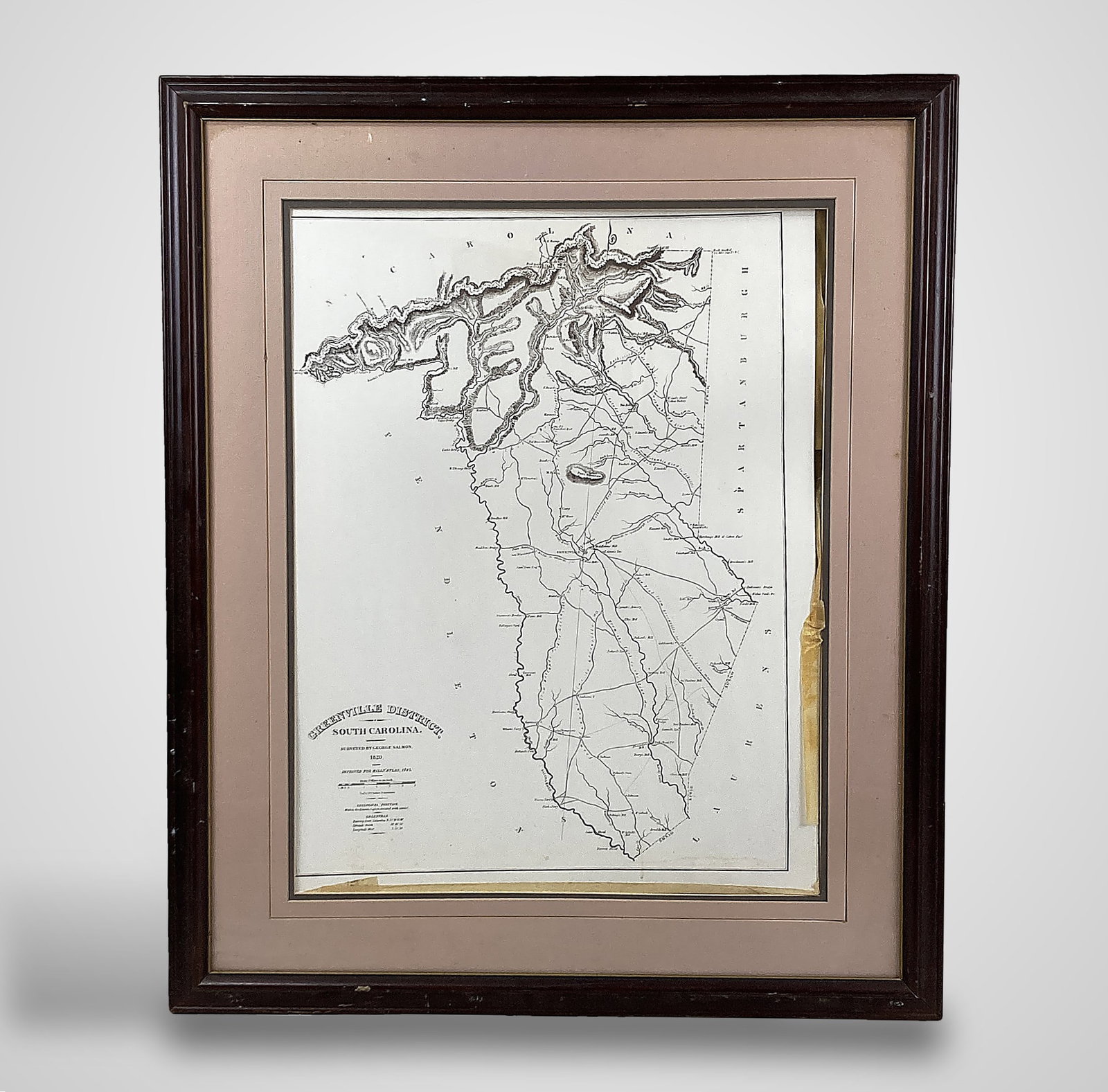 1825 Map of Greenville District, South Carolina, Lithograph: This historic lithograph depicts the Greenville District of South Carolina as surveyed by George Salmon in 1820. The original engraving was created by H. S. Tanner & Assistants and details historic