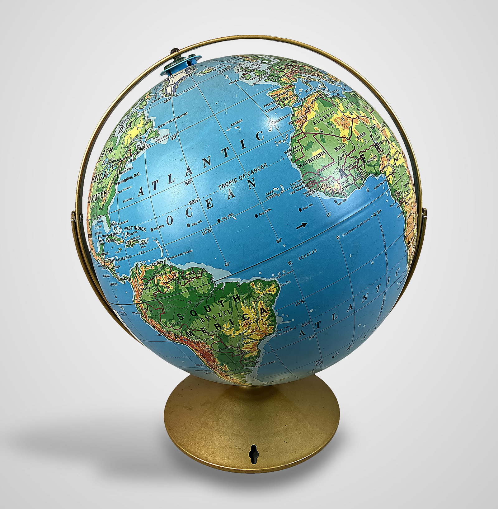 Rand McNally World Globe: 1970sâ€“1980s physical/political (Phys/Pol) globe features a dimensional relief map mounted in a gilt-tone frame. It measures approximately 20 in. H x 15 in. in diameter and shows