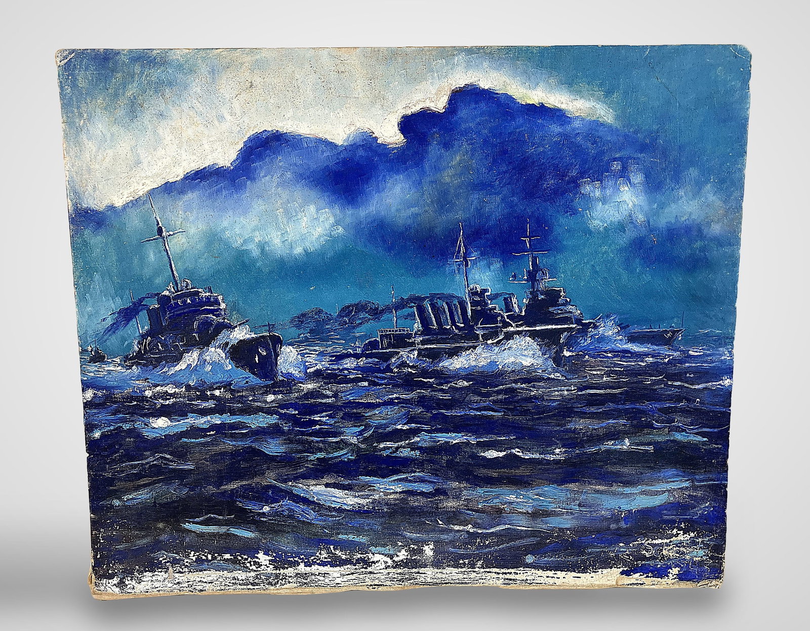 Stewart Scheetz, Battleship Seascape, Oil Painting: This mid-century oil painting on board depicts a dramatic seascape featuring three battleships navigating turbulent waters. Each vessel is rendered with thick plumes of exhaust, and the artist