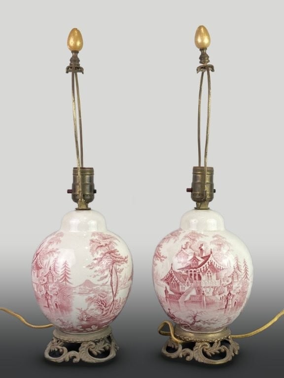 Pair of English Transferware Lamps - 5