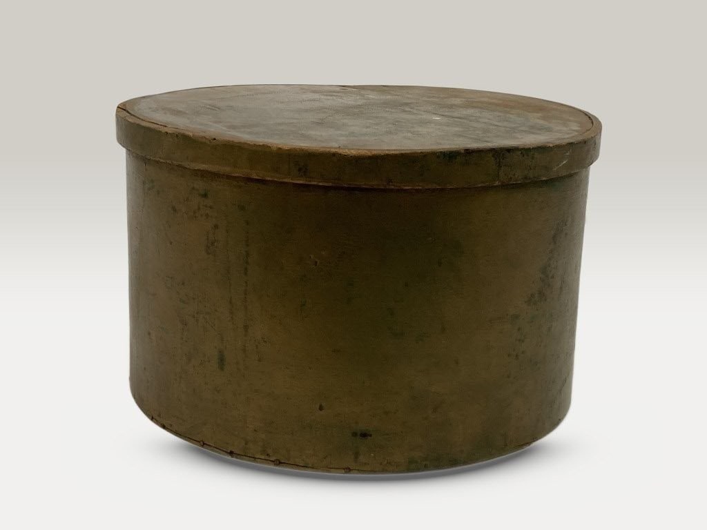 Massive Primitive Pantry Box: Massive country pantry box features a gilt-painted finish over vibrant green underlayers, showcasing rustic charm and rich layered coloration. The piece measures approximately 12 3/4 in. H x 20 1/4