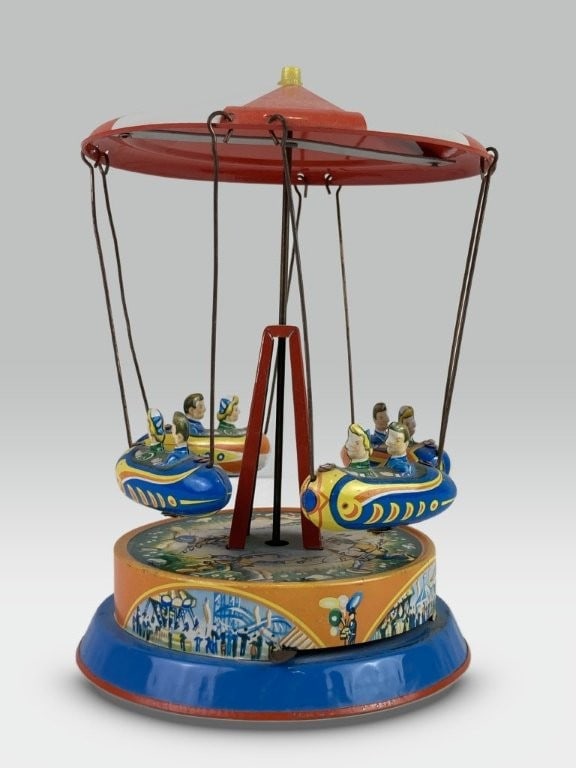 Blomer and Schuler Tin Litho Carnival Rocket Carousel Toy - 3
