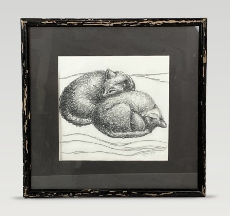 Signed, Cat Study, Drawing: Graphite drawing on art paper is signed K. Wooten and dated 10/23/90. Featuring a modernist rendering of cats with curving descriptive lines throughout, the artwork is housed in a black wood frame