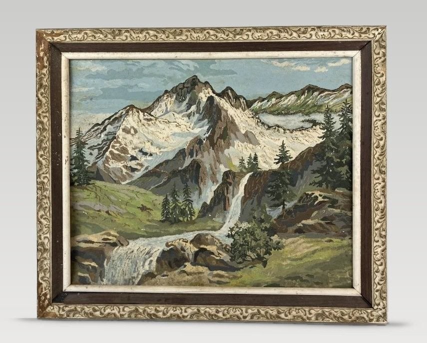 Mid-Century, Springtime in the Rockies, Landscape Painting: Mid-century modern landscape painting, titled Springtime in the Rockies, is executed by artist C.F. Younghans and signed on the reverse with the title and date of February 1968. Painted on board